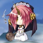  1girl :t berserker_of_black castle chibi commentary_request dress elbow_gloves fate/apocrypha fate_(series) gloves hair_over_one_eye holding holding_weapon horn looking_at_viewer night outdoors pink_hair shachoo. short_hair solo veil weapon white_dress white_gloves yellow_eyes 