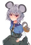  1girl animal animal_ears asuzemu bangs basket black_dress blue_capelet blush breasts capelet closed_mouth cowboy_shot dress eyebrows_visible_through_hair from_above grey_hair hand_on_hip jewelry long_sleeves mouse mouse_ears mouse_tail nazrin pendant red_eyes short_hair simple_background small_breasts solo standing tail touhou wavy_hair white_background 