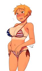  1girl american_flag_bikini bikini blush breasts brown_eyes brown_hair cleavage dated flag_print large_breasts mole mole_on_breast navel original short_hair side-tie_bikini solo standing strap_gap sunburn swimsuit tan tsukudani_(coke-buta) tsurime tsurime-chan under_boob 