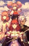 1boy 3girls armor boey_(fire_emblem) breastplate cape celica_(fire_emblem) fire_emblem fire_emblem_echoes:_mou_hitori_no_eiyuuou fire_emblem_gaiden grin highres holding holding_sword holding_weapon jenny_(fire_emblem) looking_at_viewer mae_(fire_emblem) multiple_girls pauldrons pink_hair redhead smile sword twintails weapon white_hair 