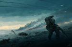  clouds commentary condensation_trail crater desert flying gun highres karamas mecha original power_armor realistic scenery science_fiction shotgun shoulder_cannon signature smoke sword weapon 