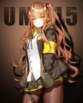  1girl black_jacket black_legwear black_skirt blush brown_background brown_eyes brown_hair character_name closed_mouth commentary eyebrows_visible_through_hair girls_frontline hair_between_eyes hands_in_pockets head_tilt jacket kei_(seona2020) long_hair looking_at_viewer one_side_up open_clothes open_jacket pantyhose pleated_skirt scar scar_across_eye shirt silhouette skirt smile solo ump45_(girls_frontline) very_long_hair white_shirt 
