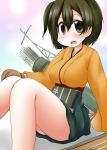  1girl :d arrow blush bow_(weapon) breasts brown_eyes brown_hair flight_deck hand_on_own_knee hiryuu_(kantai_collection) japanese_clothes kantai_collection large_breasts open_mouth ouno_(nounai_disintegration) quiver short_hair sitting skirt smile solo weapon 