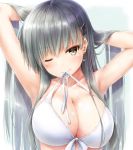  1girl aqua_eyes aqua_hair armpits arms_up bangs bikini breasts cleavage collarbone eyebrows_visible_through_hair front-tie_bikini front-tie_top hair_lift hair_ornament hairclip hands_in_hair kantai_collection large_breasts long_hair looking_at_viewer mouth_hold one_eye_closed simple_background sketch smile solo suien suzuya_(kantai_collection) swimsuit upper_body white_background white_bikini 