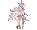  1girl animal_ears bare_shoulders blue_eyes bracelet breasts cleavage erun_(granblue_fantasy) flower full_body granblue_fantasy hair_flower hair_ornament high_heels holding jewelry korwa legs_crossed long_hair looking_at_viewer medium_breasts minaba_hideo nail_polish official_art parasol quill see-through silver_hair smile solo standing swimsuit transparent_background umbrella 