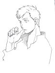  1boy alphonse_elric blackfoxes earrings finger_to_mouth fingernails fullmetal_alchemist highres jewelry looking_away male_focus monochrome serious shirt short_hair simple_background solo_focus white_background 