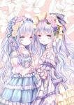  2girls arm_ribbon bangs blue_eyes blue_hair bonnet choker collarbone commentary_request cover cover_page doujin_cover dress flower frilled_dress frilled_skirt frills hair_flower hair_ornament hair_ribbon hairband hand_holding heterochromia himemurasaki jewelry lily_(flower) lolita_fashion lolita_hairband long_hair looking_at_another looking_at_viewer multicolored_hair multiple_girls necklace original pinky_ring purple_hair ribbon skirt smile violet_eyes wristband 