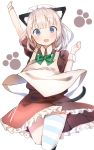  1girl :d animal_ears arm_up blonde_hair blue_eyes blush bow bowtie breasts cat_ears cat_tail commentary cropped_legs eyebrows_visible_through_hair green_bow green_bowtie idemitsu looking_at_viewer maid maid_headdress open_mouth original paw_print simple_background smile solo tail white_background wrist_cuffs 
