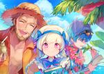  1girl 2boys alternate_costume bare_chest beard blue_eyes blue_hair book braid caster_(fate/extra_ccc) caster_of_red facial_hair fate/apocrypha fate/extra fate/extra_ccc fate/grand_order fate_(series) hat lei long_hair looking_at_viewer multiple_boys nursery_rhyme_(fate/extra) open_clothes open_shirt redhead shirt smile sunglasses sunglasses_on_head twin_braids twintails upper_body writing 