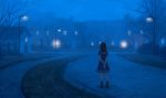  1girl ame_sagari arms_behind_back bare_arms black_hair dress fog from_behind full_body hand_on_own_arm house lamppost light lights long_hair night original road sailor_collar sailor_dress scenery short_dress short_sleeves socks solo standing street town tree walkway window 