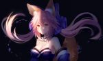  1girl animal_ears black_background black_fire_(peter02713) breasts cleavage collarbone detached_sleeves fate/extra fate/grand_order fate_(series) fox_ears fox_tail hair_ribbon highres japanese_clothes large_breasts pink_hair ribbon simple_background solo tail tamamo_(fate)_(all) tamamo_no_mae_(fate) yellow_eyes 
