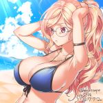  1girl arm_strap armpits beach between_breasts bikini blonde_hair blue_bikini breasts cleavage clouds cloudy_sky dated day front-tie_top glasses heriwo_(haraheridou) jewelry large_breasts necklace original outdoors ponytail red_eyes sand signature sky solo sunlight swimsuit upper_body water wavy_hair 