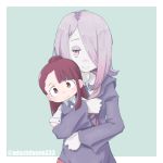  adachi_fumio333 blush character_doll doll_hug green_background hair_over_one_eye kagari_atsuko little_witch_academia long_hair looking_at_viewer silver_hair simple_background smile sucy_manbavaran twitter_username upper_body 