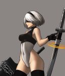  1girl :d arm_at_side bangs bare_shoulders black_gloves blindfold breasts broadsword chains covered_eyes covered_navel cowboy_shot from_side gloves greatsword grey_background grin groin hand_up highleg highleg_leotard holding holding_weapon huge_weapon katana legs_apart leotard medium_breasts mistrie mole mole_under_mouth nier_(series) nier_automata open_mouth pink_lips profile short_hair silver_hair simple_background skin_tight smile solo standing sword teeth turtleneck weapon white_leotard yorha_no._2_type_b 