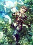  1boy asama_(fire_emblem_if) bracelet brown_hair closed_eyes company_name feathers fire_emblem fire_emblem_cipher fire_emblem_if full_body grass headband hosi_cobalt japanese_clothes jewelry leaf male_focus nature official_art solo staff tree 