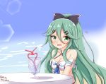  1girl adapted_costume alternate_costume bare_shoulders bikini blush breasts choker cleavage collarbone cup drinking_glass flying_sweatdrops green_eyes green_hair hair_between_eyes hair_ornament hair_ribbon hairclip heart_straw kantai_collection long_hair looking_at_viewer medium_breasts niku114514810 open_mouth ponytail ribbon sitting solo swimsuit table wavy_mouth yamakaze_(kantai_collection) 