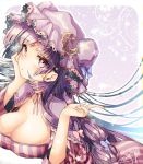  1girl artist_name bangs blue_bow bow breasts capelet cleavage crescent dress eyelashes hair_bow hat index_finger_raised large_breasts long_hair looking_at_viewer mob_cap mokokiyo_(asaddr) patchouli_knowledge purple_hair purple_hat red_bow solo star striped striped_dress touhou upper_body violet_eyes 