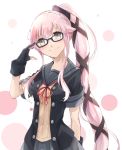  1girl adjusting_glasses artist_request bespectacled black-framed_eyewear buttons closed_mouth eyebrows_visible_through_hair glasses gloves hair_between_eyes hair_flaps hair_ornament hair_ribbon kantai_collection long_hair looking_at_viewer neck_ribbon partly_fingerless_gloves pink_hair pleated_skirt ponytail red_ribbon remodel_(kantai_collection) ribbon sailor_collar school_uniform short_sleeves skirt smile solo upper_body very_long_hair yellow_eyes yura_(kantai_collection) 