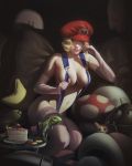  1girl andrew_hibner blonde_hair blue_eyes boo breasts cleavage elbow_gloves gloves goomba hat highres iguana_(animal) looking_at_viewer super_mario_bros. navel princess_peach realistic smile solo stomach super_mario_bros. suspenders yoshi 