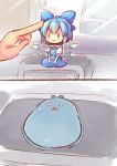  1girl 2koma blue_dress blue_eyes blue_hair blue_ribbon blush bow car_interior chibi cirno closed_mouth comic dress fairy_wings flower full_body hair_bow hands ice ice_wings open_mouth pjrmhm_coa poking puffy_short_sleeves puffy_sleeves ribbon seiza shirt short_hair short_sleeves sitting sleeveless sleeveless_dress smile solo touhou white_shirt wings 