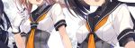  3girls akizuki_(kantai_collection) black_hair black_sailor_collar braid brown_hair gloves hair_ornament hatsuzuki_(kantai_collection) kantai_collection kobayashi_chisato long_hair multiple_girls neckerchief ponytail propeller_hair_ornament sailor_collar school_uniform serafuku short_hair short_sleeves teruzuki_(kantai_collection) twin_braids white_gloves yellow_neckerchief 