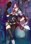  1girl adsouto belt blush breasts brown_hair cane cleavage corset cropped_jacket hat heterochromia highres hips holding holding_hat legs_crossed looking_at_viewer multicolored_hair neo_(rwby) pink_eyes pink_hair power_lines rwby single_thighhigh sleeves_rolled_up smile solo thigh-highs thigh_gap transformer 