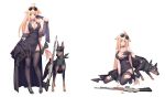  1girl ahoge aviator_sunglasses blonde_hair blush breasts choker cleavage covering covering_breasts doberman dog dress formal full_body girls_frontline gloves green_eyes gun high_heels jewelry long_hair low-tied_long_hair m1918_bar m1918_bar_(girls_frontline) machine_gun necklace official_art smile suisai. sunglasses sunglasses_on_head thigh-highs torn_clothes torn_dress torn_thighhighs very_long_hair weapon 