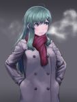  1girl alternate_costume buttons coat commentary_request frown green_eyes green_hair grey_coat hands_in_pockets ishii_hisao kantai_collection long_hair long_sleeves red_scarf scarf solo suzuya_(kantai_collection) 