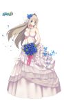  1girl alternate_costume blonde_hair blue_eyes blue_rose blush bouquet breasts bridal_veil butterfly choker cleavage dress flower frilled_dress frills full_body gloves jewelry large_breasts lexington_(zhan_jian_shao_nyu) long_hair necklace official_art petals rose smile solo suisai. tiara transparent_background veil wedding_dress white_dress white_gloves zhan_jian_shao_nyu 