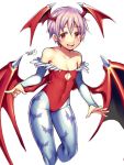  1girl bare_shoulders blue_legwear blush breasts cleavage cleavage_cutout collarbone dated demon_wings eyebrows_visible_through_hair head_wings iroyopon lilith_aensland looking_at_viewer medium_breasts open_mouth pantyhose pink_hair red_eyes short_hair signature smile solo teeth vampire_(game) wings 