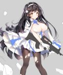  1girl black_hair black_legwear blush breasts cleavage closed_mouth eyebrows_visible_through_hair girls_frontline gun hairband holding holding_gun holding_weapon large_breasts long_hair looking_at_viewer pantyhose pingo qbz-95_(girls_frontline) skirt smile solo torn_clothes torn_pantyhose weapon white_skirt yellow_eyes 