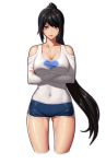  1girl bangs bare_legs bare_shoulders black_eyes black_hair blue_shorts boyshorts breasts cleavage collarbone covered_navel cowboy_shot cropped_legs crossed_arms dungeon_and_fighter eyebrows fighter_(dungeon_and_fighter) fingernails gym_shorts heart heart_print large_breasts legs_apart light_smile long_hair long_sleeves looking_at_viewer mistrie no_bra off_shoulder parted_lips pink_lips ponytail print_shirt shirt short_shorts shorts shoulder_cutout sidelocks simple_background solo standing teeth very_long_hair white_background white_shirt 