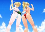  2girls ahoge artoria_pendragon_(swimsuit_archer)_(fate) ass ass-to-ass ball bare_shoulders beachball bikini blonde_hair blush braid clouds fate/apocrypha fate/grand_order fate/stay_night fate_(series) food french_braid from_behind fruit green_eyes grin hair_ribbon highres holding holding_ball mordred_(swimsuit_rider)_(fate) multiple_girls ponytail red_bikini ribbon saber saber_of_red shiny shiny_skin shirogane_(cufsser) short_hair shoulder_blades side-tie_bikini signature sky smile swimsuit water_gun watermelon white_bikini 