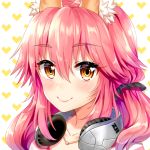  1girl animal_ears blush collarbone fate/extra fate/grand_order fate_(series) fox_ears headphones heart heart-shaped_pupils jewelry light_smile necklace pink_hair silver15 solo symbol-shaped_pupils tamamo_(fate)_(all) tamamo_no_mae_(fate) yellow_eyes 