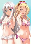  2girls 3: :d arm_at_side bangs bare_arms bare_shoulders bikini bikini_skirt blue_eyes blue_sky blush bow breasts breasts_apart brown_eyes cleavage closed_mouth collarbone commentary_request cowboy_shot day drill_hair eromanga_sensei eyebrows_visible_through_hair front-tie_bikini front-tie_top groin hair_between_eyes hair_bow hair_ornament hand_on_own_chest hand_up hands_up izumi_sagiri legs_apart legs_together medium_breasts midriff multiple_girls navel open_mouth outdoors pink_bow pink_hair pointy_ears ponytail red_bow rods round_teeth side-tie_bikini sidelocks silver_hair sky small_breasts smile standing stomach striped striped_bikini swimsuit teeth twin_drills upper_teeth white_bikini yamada_elf 