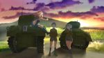  3girls adjusting_headwear alisa_(girls_und_panzer) arm_support bangs black_boots black_shorts blonde_hair blue_eyes blue_shorts boots brown_eyes brown_hair brown_jacket brown_shoes clouds cloudy_sky commentary_request denim denim_shorts emblem girls_und_panzer grey_legwear ground_vehicle hair_intakes hand_on_headphones hands_in_pockets headphones highres jacket kay_(girls_und_panzer) kneehighs long_hair long_sleeves looking_at_another m4_sherman military military_uniform military_vehicle motor_vehicle multiple_girls naomi_(girls_und_panzer) open_mouth pointing saunders_(emblem) saunders_military_uniform shoes short_hair short_shorts short_twintails shorts sitting sky smile socks standing star sun sunlight sunset tank twilight twintails uniform very_short_hair yaburemono 