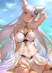 1girl animal_ears arm_behind_head bangs bikini blunt_bangs breasts cleavage day deras erun_(granblue_fantasy) granblue_fantasy hair_ornament head_tilt heart heart-shaped_pupils korwa large_breasts long_hair looking_at_viewer navel outdoors parted_lips see-through silver_hair sitting smile solo swimsuit symbol-shaped_pupils very_long_hair water white_bikini 