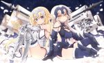  2girls angeltype armor armored_dress armpits ass back-to-back blonde_hair blue_dress blue_eyes blue_legwear breasts brown_eyes brown_hair chains cleavage dress elbow_gloves fate/apocrypha fate/grand_order fate_(series) faulds flag flower fur_trim gauntlets gloves headpiece jeanne_alter legs_up long_hair multiple_girls petals ruler_(fate/apocrypha) sitting smile thigh-highs very_long_hair white_dress zettai_ryouiki 