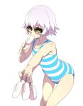  1girl assassin_of_black blush cis05 covered_navel fate/grand_order fate_(series) flat_chest food holding one-piece_swimsuit popsicle scar scar_across_eye scar_on_cheek short_hair simple_background solo striped striped_swimsuit sunglasses swimsuit white_background white_hair yellow_eyes 