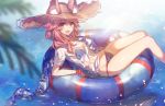  1girl :d animal_ears bangs bare_legs bikini bikini_under_clothes blue_bikini blurry bracelet breasts chocoan commentary day depth_of_field ears_through_headwear fang fate/grand_order fate_(series) fox_ears fox_tail groin hat innertube jewelry long_hair looking_at_viewer medium_breasts navel open_mouth outdoors palm_leaf partially_submerged pink_hair see-through shawl shirt short_sleeves smile solo star straw_hat sun_hat sunlight swimsuit tail tamamo_(fate)_(all) tamamo_no_mae_(swimsuit_lancer)_(fate) water wet wet_clothes wet_shirt yellow_eyes 