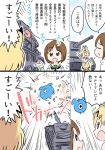  blonde_hair brown_eyes brown_hair cerulean_(kemono_friends) comic crossover girls_und_panzer ground_vehicle kemono_friends military military_vehicle motor_vehicle nakamura_yukihiro_(nmurayukihiro) nishizumi_miho ooarai_school_uniform serval_(kemono_friends) tank translated 