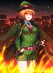  1girl :p alice_margatroid ass bangs belt blonde_hair blush breast_pocket breasts closed_mouth collared_shirt commentary_request cookie_(touhou) cowboy_shot eyebrows_visible_through_hair fire flame green_skirt hair_between_eyes hat highres hinase_(cookie) holding holding_whip jacket_on_shoulders lips long_sleeves looking_at_viewer medium_breasts necktie peaked_cap pencil_skirt pocket red_eyes red_necktie shirt short_hair skirt tarmo tongue tongue_out touhou whip white_shirt 