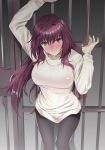  1girl against_fence blush breasts closed_mouth fate/grand_order fate_(series) fence hair_between_eyes hair_intakes highres large_breasts long_hair long_sleeves looking_at_viewer looking_up pantyhose purple_hair red_eyes scathach_(fate/grand_order) solo sweater thighband_pantyhose white_sweater yoshiki360 