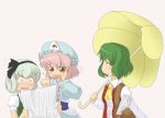  bad_id blush bunbunmaru closed_eyes embarrassed green_hair hand_on_own_cheek heart heart_in_mouth kazami_yuuka konpaku_youmu newspaper parasol pink_background pink_hair plaid_vest saigyouji_yuyuko short_hair smile toritora touhou umbrella wavy_mouth 