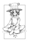  hat monochrome moriya_suwako short_hair sitting skirt touhou 