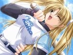  baseball_bat baseball_uniform blonde_hair dutch_angle game_cg izumo kurashima_nagisa sportswear twintails wink yamamoto_kazue 