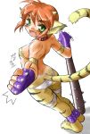  1girl animal_ears blush breasts breath_of_fire breath_of_fire_ii bustier cat_ears cat_tail dr.p facial_mark furry gloves green_eyes no_panties no_pants orange_hair pointy_ears redhead rinpoo_chuan short_hair solo staff tail 