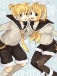  blue_eyes blush cheek_to_cheek hair_ornament hair_ribbon hair_ribbons hairclip kagamine_len kagamine_rin legwear_under_shorts neckerchief necktie pantyhose ribbon ribbons short_hair shorts siblings tama_(songe) twins vocaloid 