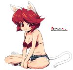  bikini_top cat_ears denim denim_shorts oekaki onija_taro onija_tarou original red_eyes red_hair redhead shoes short_hair shorts sitting sneakers tail vrco 