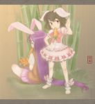  animal_ears ankle_cuffs bamboo bamboo_forest barefoot basket brown_hair bunny_ears carrot carrots forest hands highres inaba_tewi long_hair mouth_hold nature note-takahashi purple_hair rabbit_ears reisen_udongein_inaba short_hair sitting standing touhou very_long_hair 
